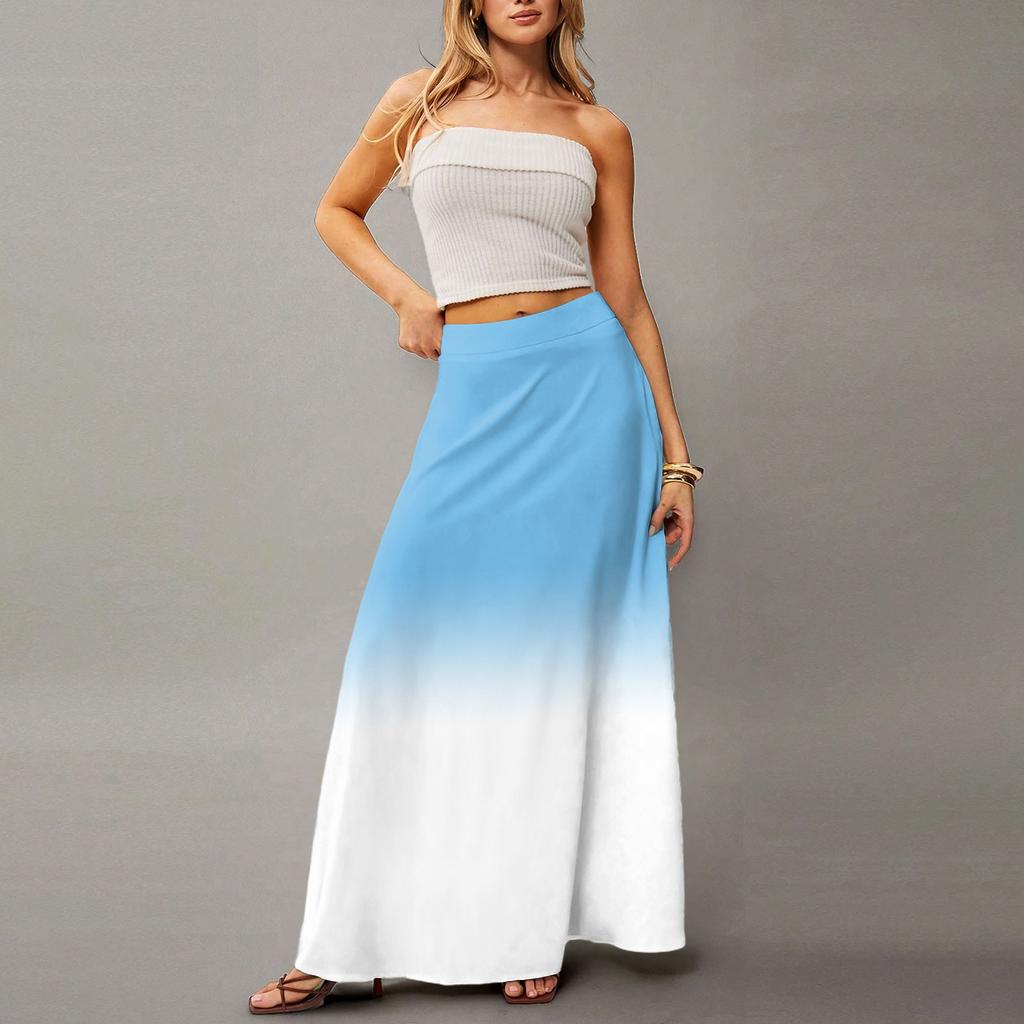 Women's Casual Leisure Foldable Gradient Print High Waist With Pocket Draped  Relaxed Long Maxi Skirt