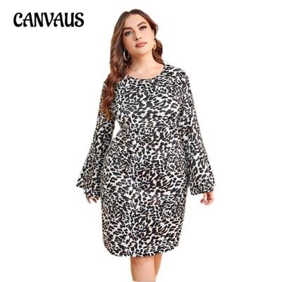 Frühlings- und Herbstkleid für Damen, Leopardenmuster, ausgestellte Ärmel, Rundhalsausschnitt, lange Ärmel, Kleider in Übergröße