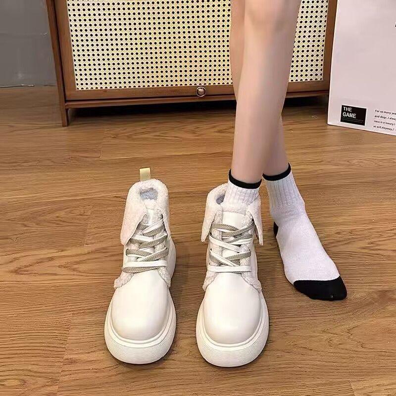 Snow Boots Women's Winter 2025 New College Style Small Leather Shoes Velvet Martin Boots Thick-soled Warm Big Head Ugly Cute Cotton Shoes