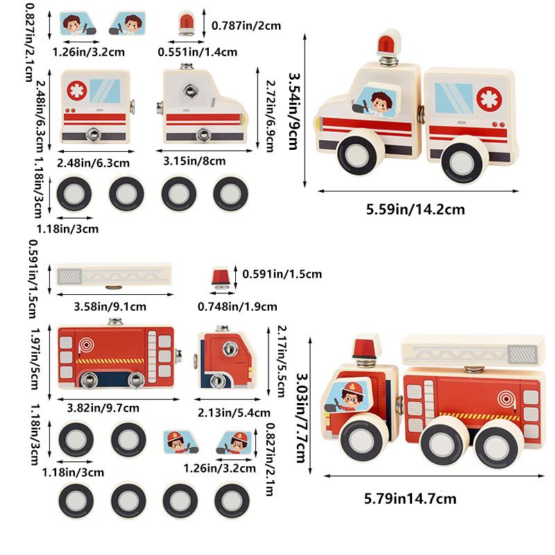 Traffic Vehicle Buckle Style Assembly Blocks, Wooden 3D Puzzle,  Fire Truck, Ambulance, Police Car, Helicopter Puzzle, As Gift