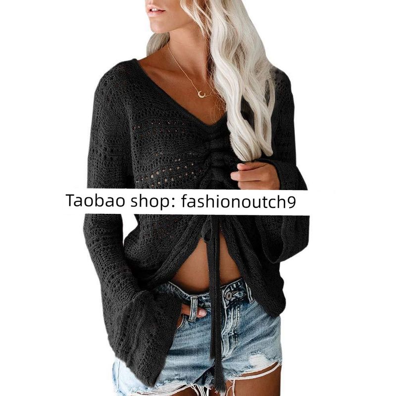 

2024 Пляжный свитер с открытыми плечами, ажурный, с расклешенными рукавами Black Shoulder width