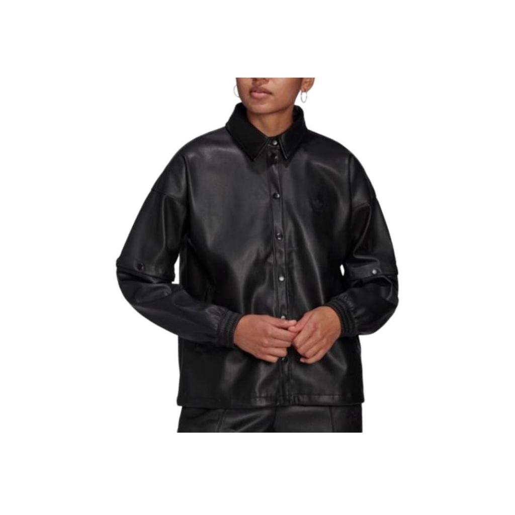 Adidas Originals Solid Logo Polo Button Casual Sports Jacket Women Jackets Black HF2021