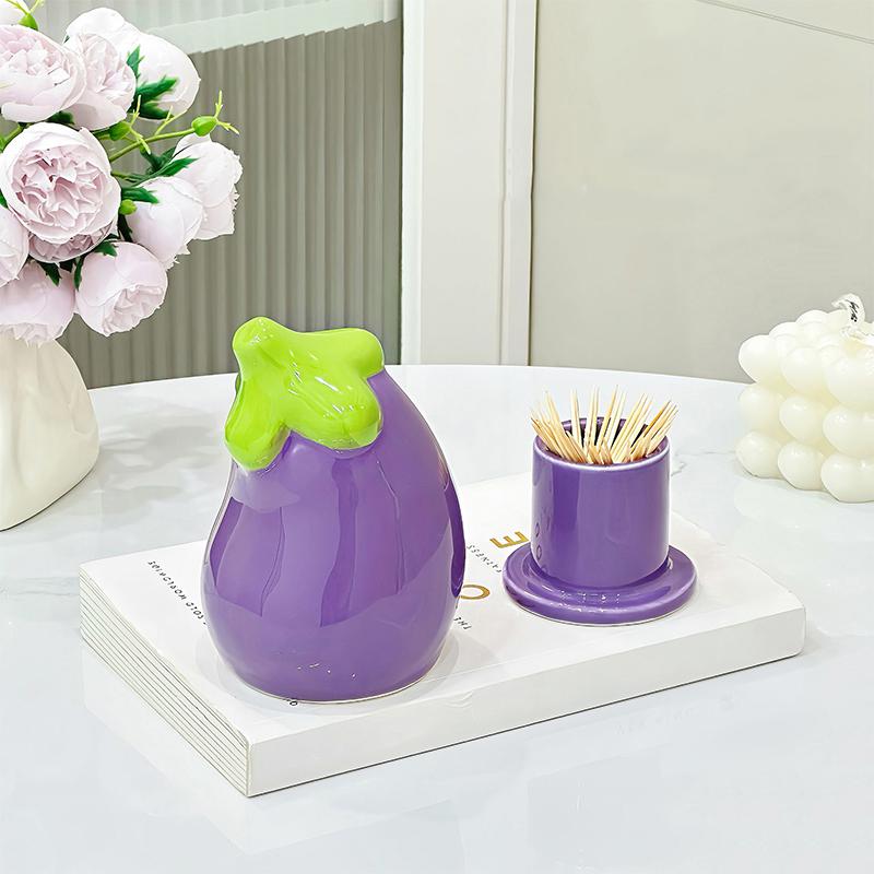 Cute Eggplant Toothpick Holder Ceramic Floss Box Desktop Decoration