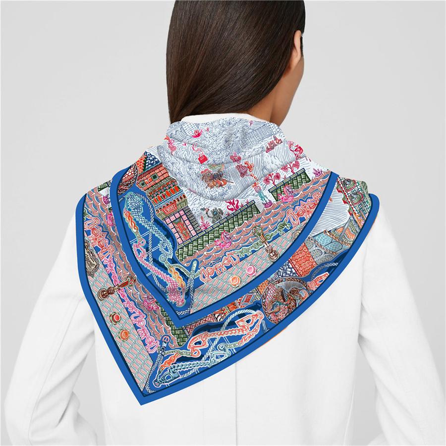 POBING Silk Scarf Women Castle Print Square Scarves Head Echarpes Silk Foulards Femme Wraps Beach Shawl Bandana Lady Hijabs 90CM