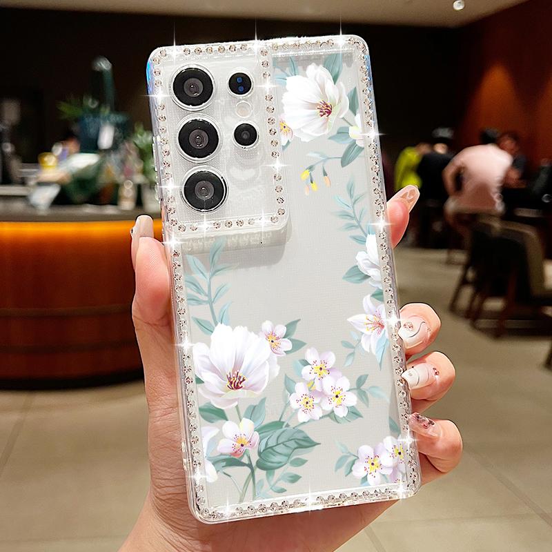 Husă Transparentă cu Cadru Diamant pentru Samsung S25 Edge S24 FE S23 Ultra S22 A56 A36 A16 A15 A55 A35 Model Floral Silicon Moale Antișoc Husă Bumper