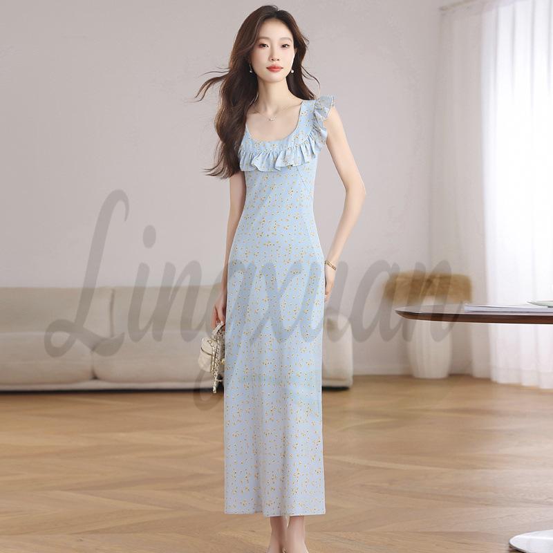 French Retro Floral Midi Dress - Elegant Ruffle Skirt for Summer Vacation XL