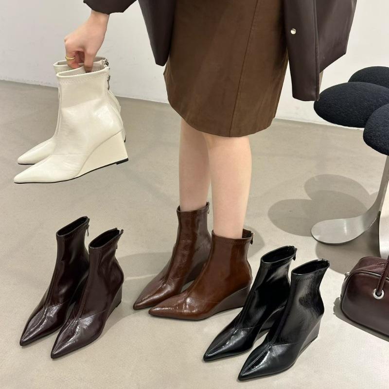 Slope Heel High Heel Short Boots 2025 New Autumn and Winter Pointed Elastic Thin Boots Brown Retro Versatile Martin Boots Women