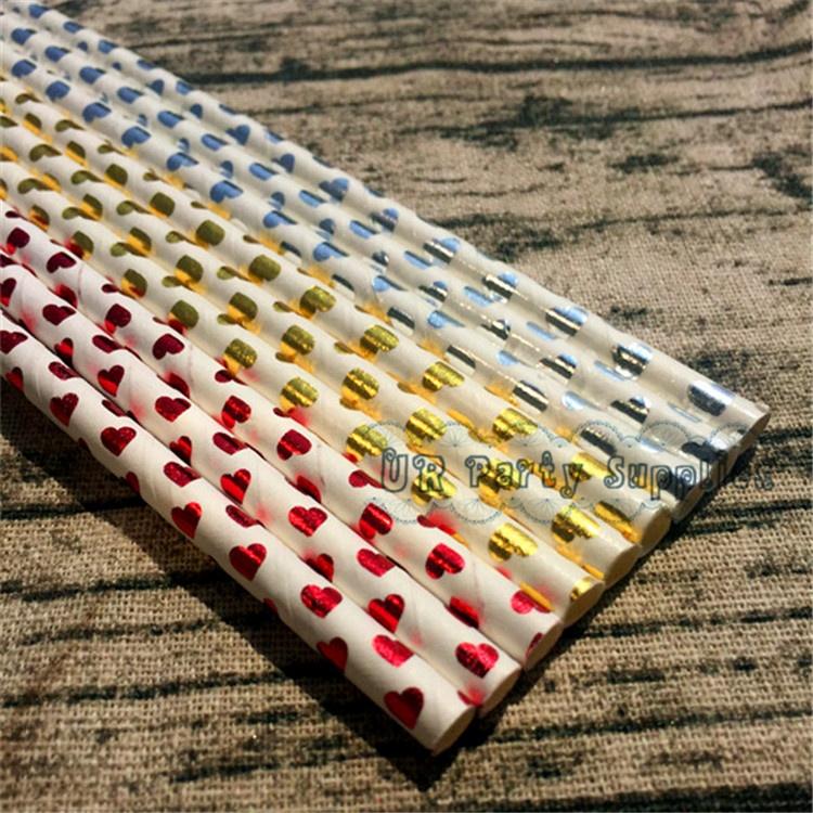 25Pcs/Bag Happy New Year Drinking Paper Straws Heart Foil Disposable Paper Staw Happy Birthday