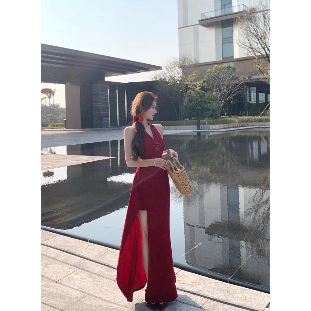 Red Three-dimensional Flower Neck Dress Women's Summer Slim Dress Long Dress Pure Waist Split Hip Skirt