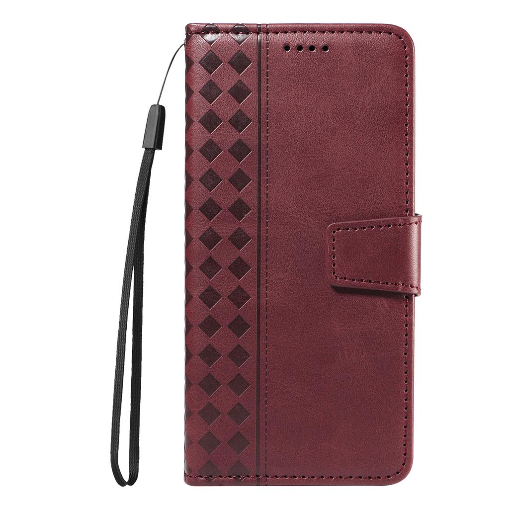 For Nothing Phone (3) 5G Leather Case Wallet Stand Grids Imprinted Phone Cover with Strap -  Wine Red