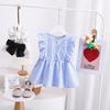 Korean-Style Girls' Summer Pleated Plaid Cotton Shirt with Flutter Sleeves