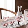 Sada na saké Sakura v japonském stylu, láhev na víno, šálky, ručně malovaný design, vintage saké, průhledné sklo, párty sada na víno, pohár na vodu