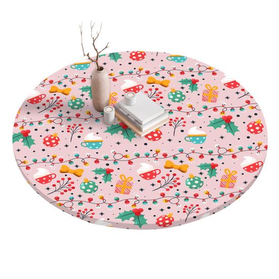 Fitted Christmas Round Tablecloth Holiday Snowflakes Table Cover with Elastic Edge Water-Resistant Christmas Tree Table Cover for Round Tables Dinner