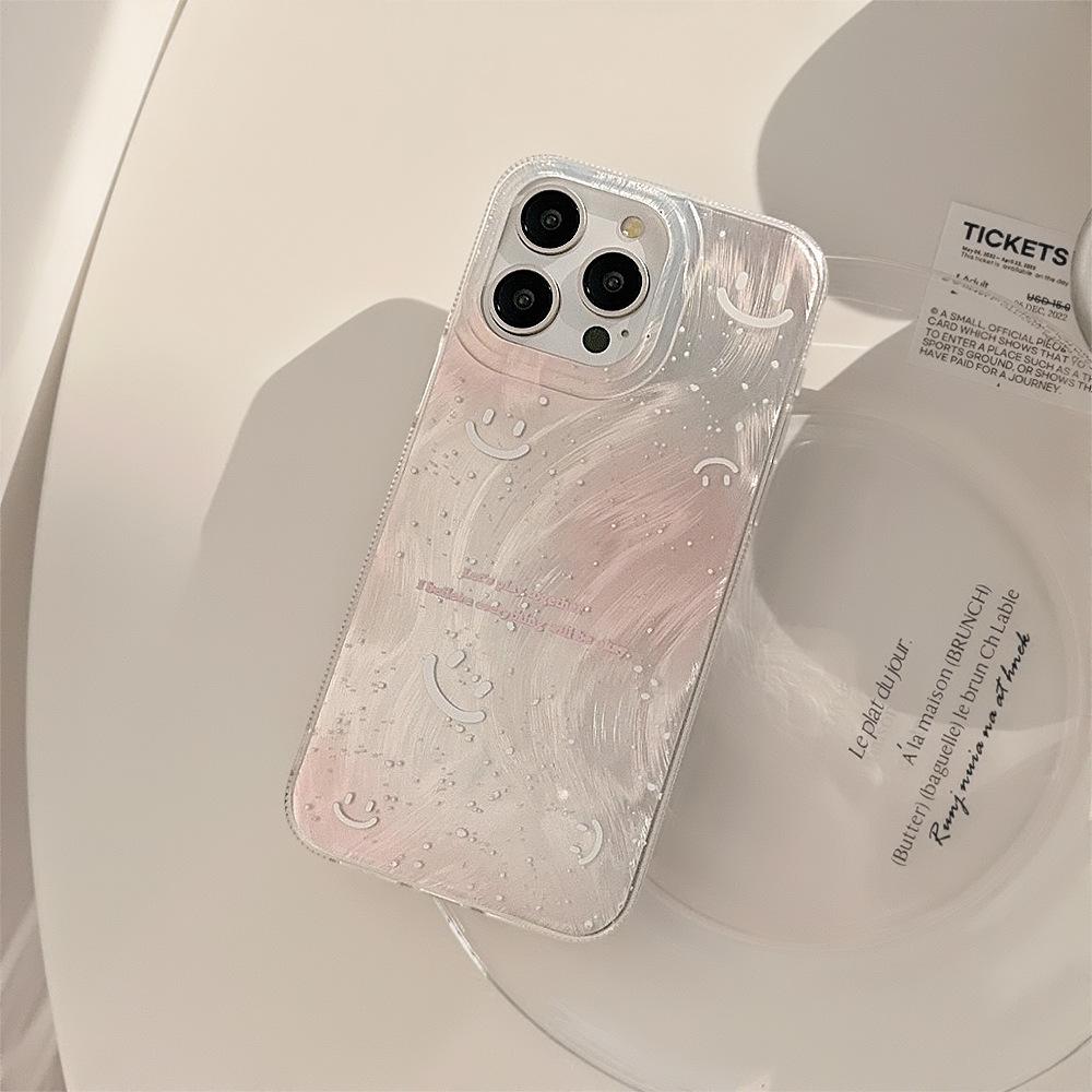 Sweet Powder Smudge Smiley Face Mobile Phone Case Suitable for Apple 15promax Feather Iphone13 Anti Fall 16 Hard 14 Laser