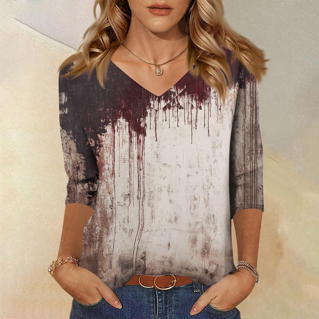 Women V Neck Casual Top Halloween Print 3/4 Sleeve Lightweight Blouse for Everyday Wear Comfortable Fit