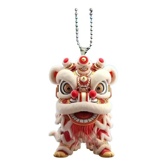 Car Pendant with Metal Chain Lion Dance Design Plush Fabric Car Charm Keychain Bag Accessory Good Fortune Decoration