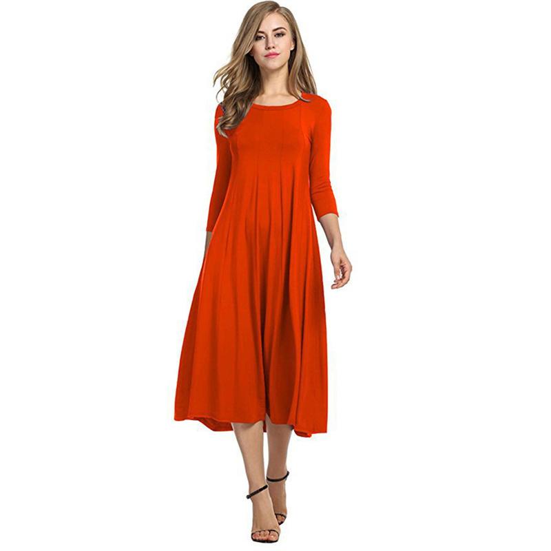 Sommerkleid für Damen, modisch, Rundhalsausschnitt, mittlere Ärmel, einfarbig, plissiert, lange Kleider
