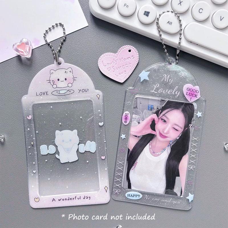 Transparent Glitter Hearts Photo Card Holder Kpop Meal Card Bus Card Sleeves Photocard Protective Cover Pendant 1PC