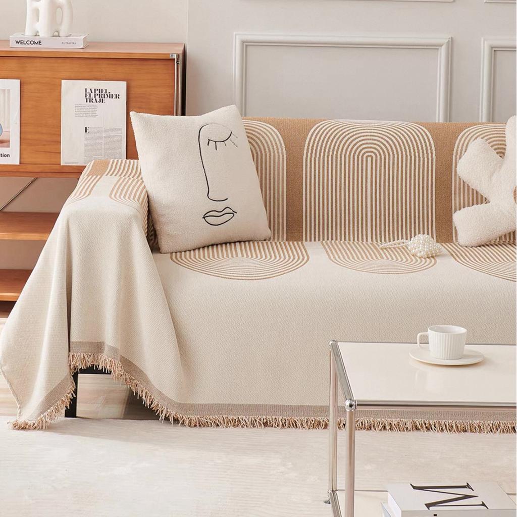 Double Sided Simple Arches Lines Jacquard Chenille Sofa Towel with Tassels, for All Season Living Room Couch Decor Throw Blanket