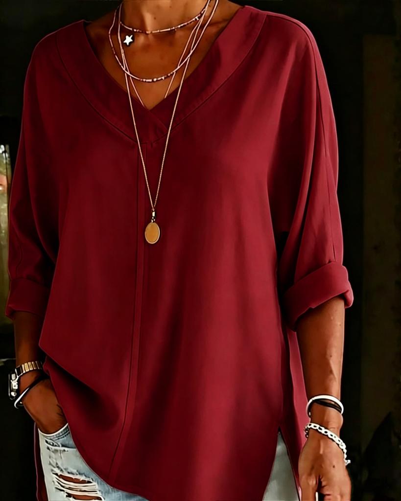 2026 Amazon European and American Cross-border Women's Clothing Street Fashion Solid Color V-neck Loose Top Long Sleeve Cotton and Linen Shirt