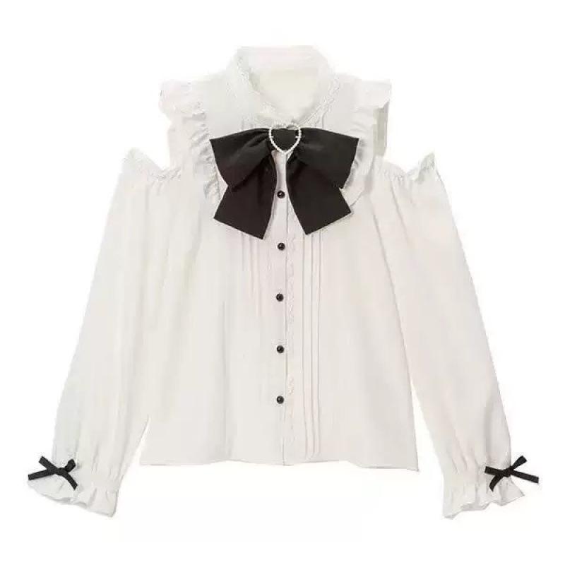 Cross-Border Europe Cute Versatile Japanese Style Bow Long Sleeve Ruffle Shirt for Women