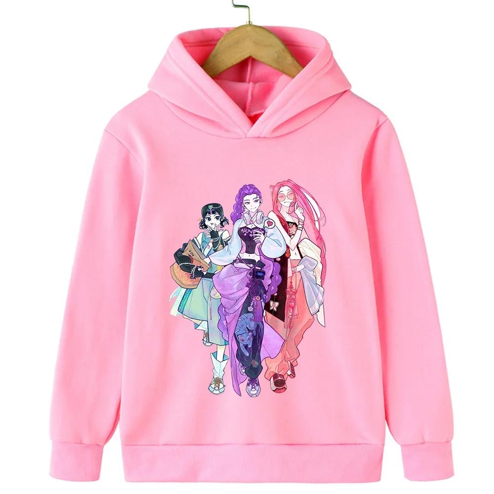 Korean-style KPop Demon Hunter Cartoon Girl Hoodie, Autumn Warmth, Trendy Fashion Casual Pullover for Kids