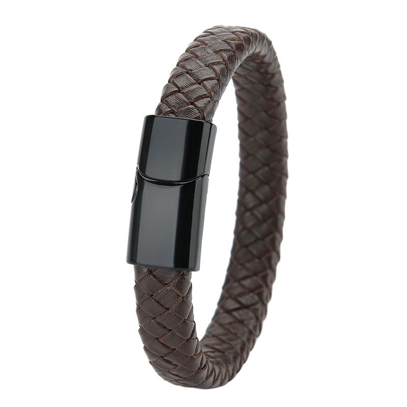 Mibrow Czarna Skórzana Pleciona Bransoleta Męska Rozmiar 10x5 12x6mm Modny Metalowy Magnetyczny Zapięcie Bransolety Owijane Punkowy Charm Biżuteria Męska