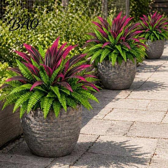 Spring Summer Seasonal Wreath Artificial Fern And Red Dracaena Plants, UV Resistant Decorative Faux Plant, Home Accents Realistic Plants for