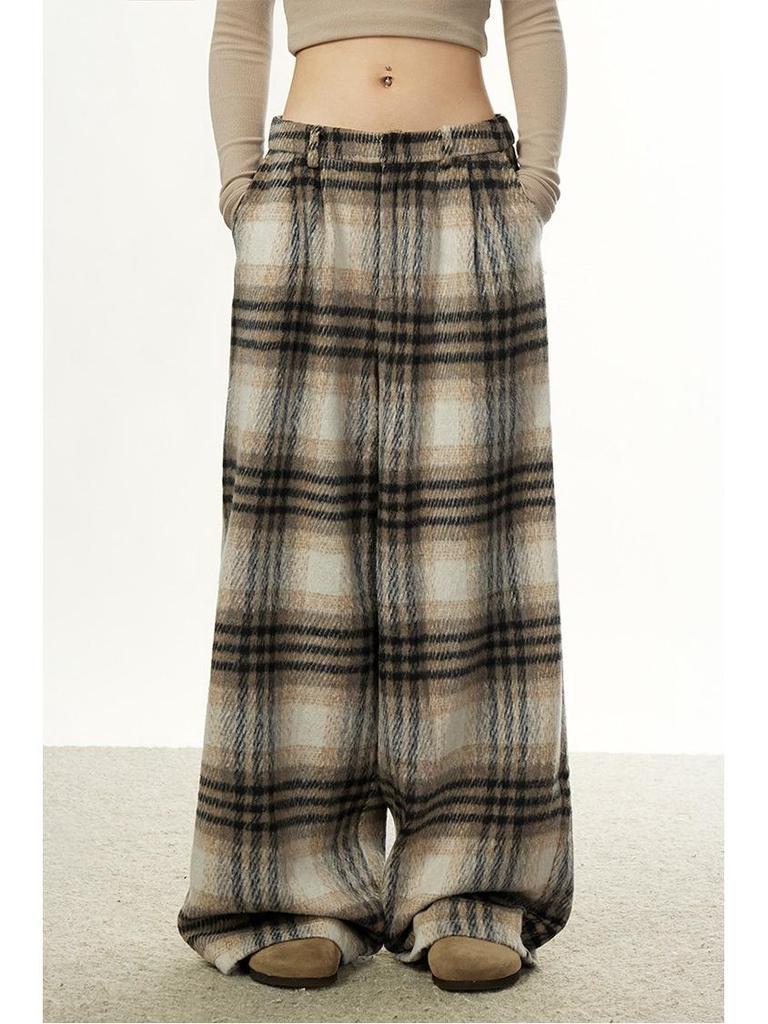 Women's Retro Plaid Wool Wide-Leg Pants - Loose, Versatile Design for Autumn/Winter
