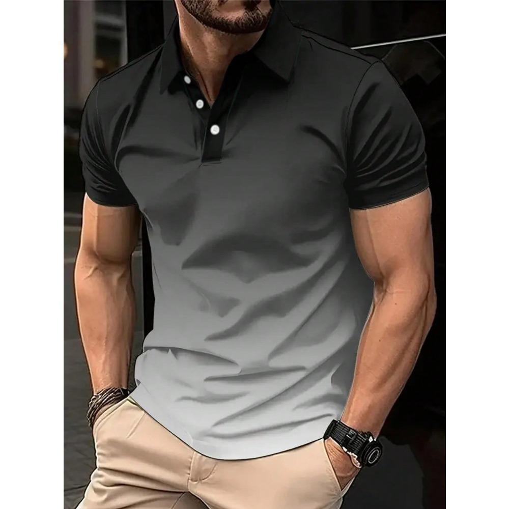 

Summer Men Short Sleeve Casual Gradient Color Lapel Polo Shirt 100% Polyester 3XL сірий