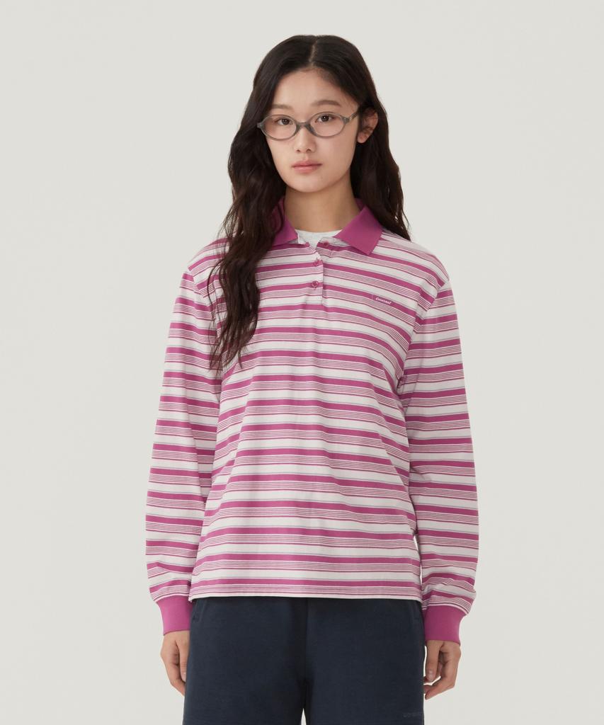 COVERNAT WOMAN Striped Collar Long Sleeve Magenta