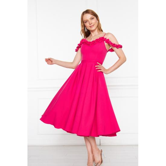 Women's Adjustable Strap Ruffle Detailed Collar Pleated Flared Midi Evening Dress
