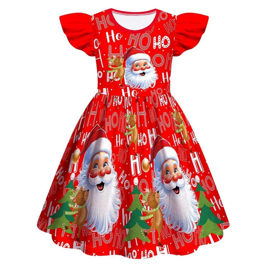 Dětské Dívčí Kreslený Santa Claus Vánoční Strom Los Tisk Volánové Rukávy Novoroční Šaty