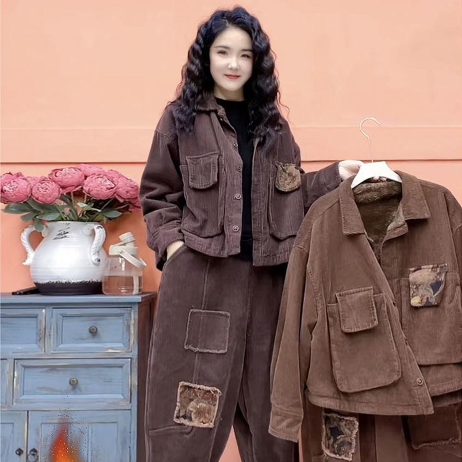 

Women s 2026 Fluffy Thickened Set: Super Warm High-End Retro Autumn/Winter Short Jacket & Harem Pants M