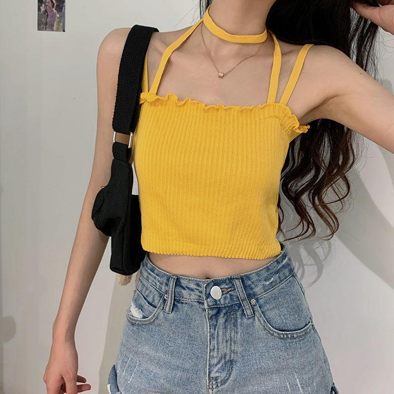 

Майка без рукавов с лямкой на шее, красивая спина, жилет без бретелек, женский укороченный топ Y2K, простые сексуальные модные топы на бретелях One Size жёлтый