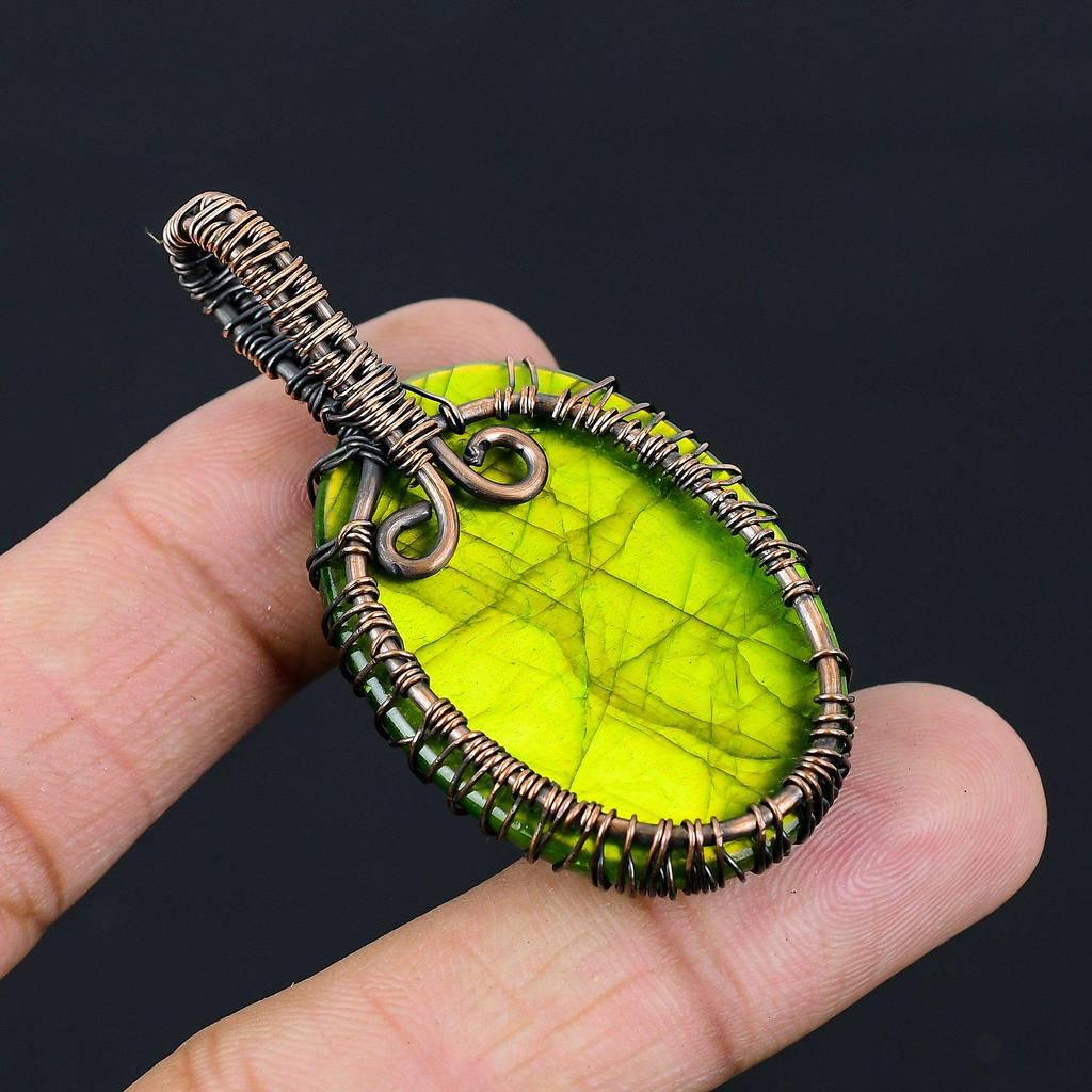 Tree Of Life Green Flash Labradorite Gemstone Pure Copper Wire Wrapped Handmade Pendant Jewelry
