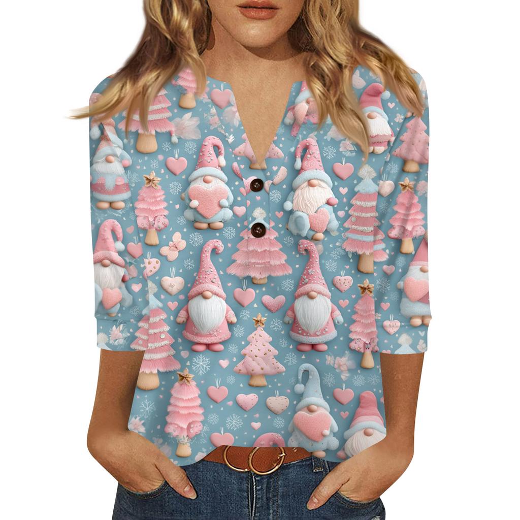 Women's T Shirt Print Button 3/4 Sleeve Daily Weekend Fashion Basic V- Neck Regular Top