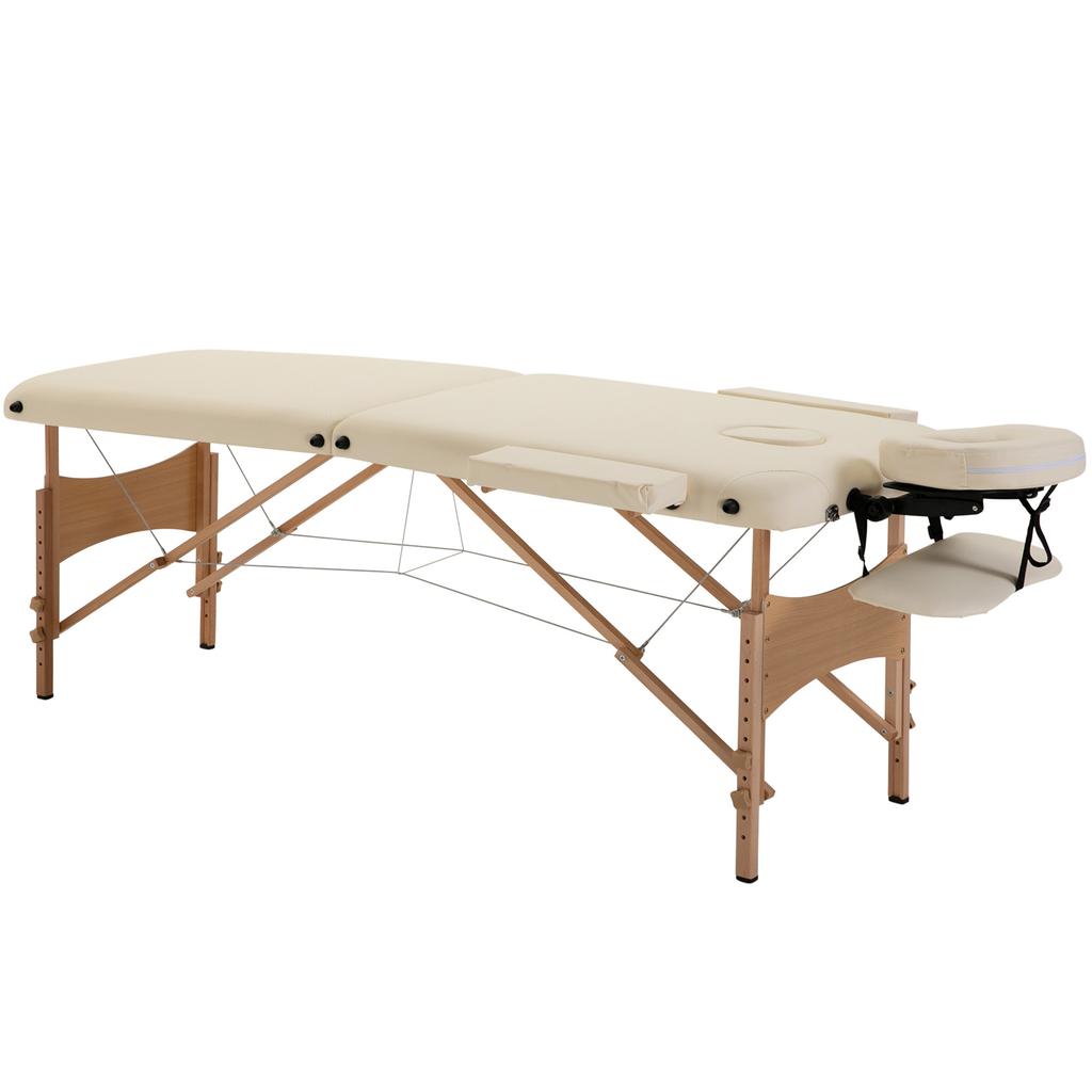 Portable Massage Bed, Folding Spa Beauty Massage Table with 2 Sections, Carry Bag and Wooden Frame, Cream