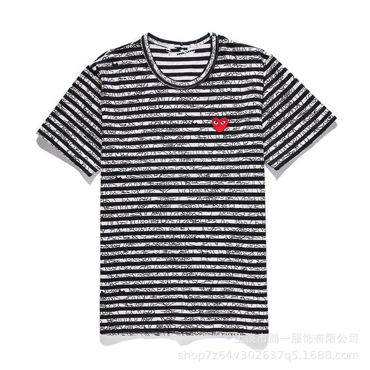 Spring and summer men's and women's same fashion trend striped Rei Kawakubo love printed crew neck T-shirt versatile