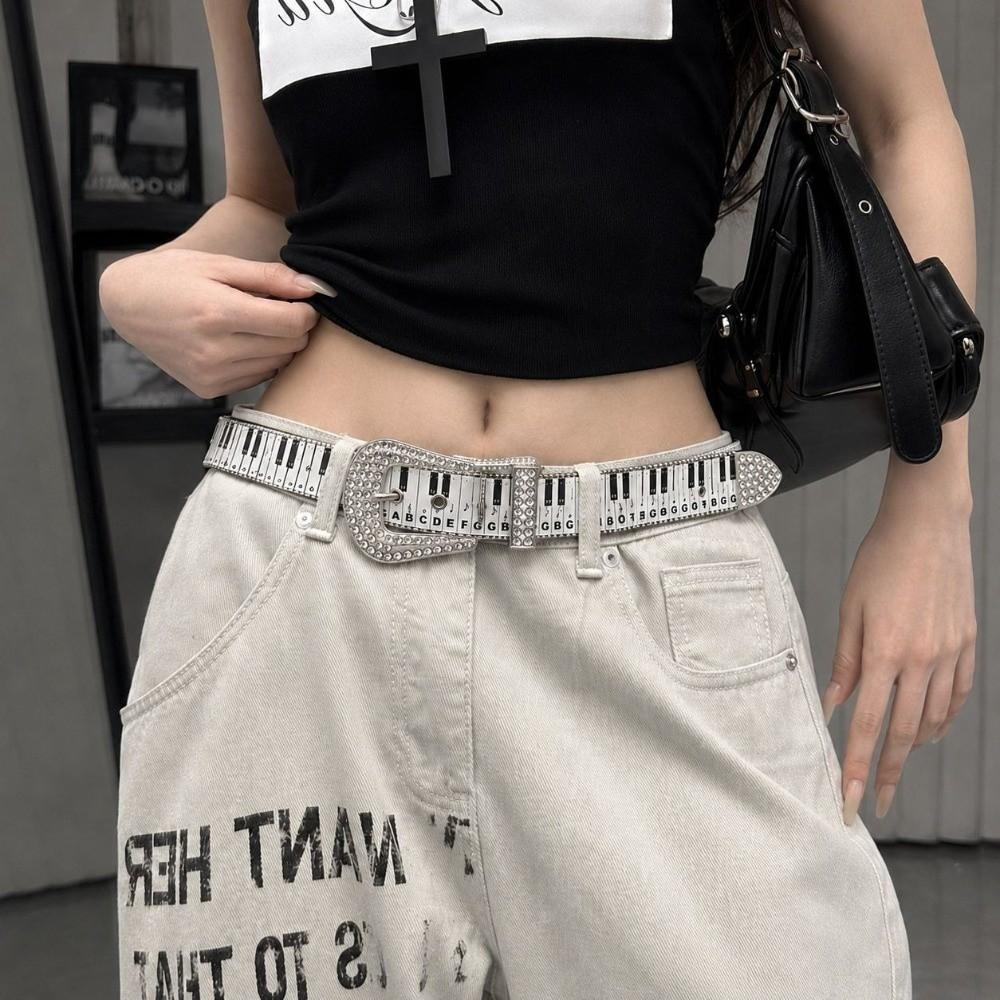 Korean Style Rhinestone Waistband Graffiti Dress Jeans Belt Piano Key Note Belt Streetwear