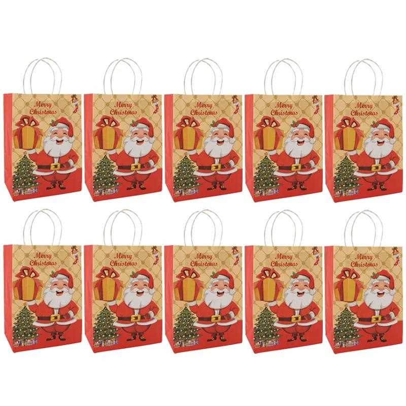 10PCS Santa Claus Snowman Kraft Paper Bags Xmas Party Decor Candy Gift Handle Pakcaging Bag New Year Eve Merry Christmas Supplie