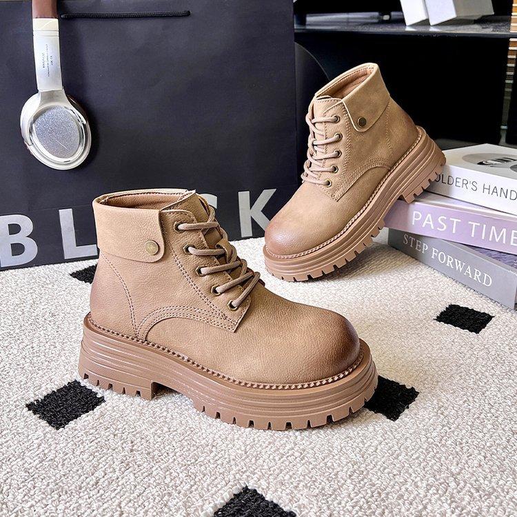 thick-soled thick-heeled flip-top frosted leather Martin boots women's boots 2025 new British style recreational locomotive medium boots short boots