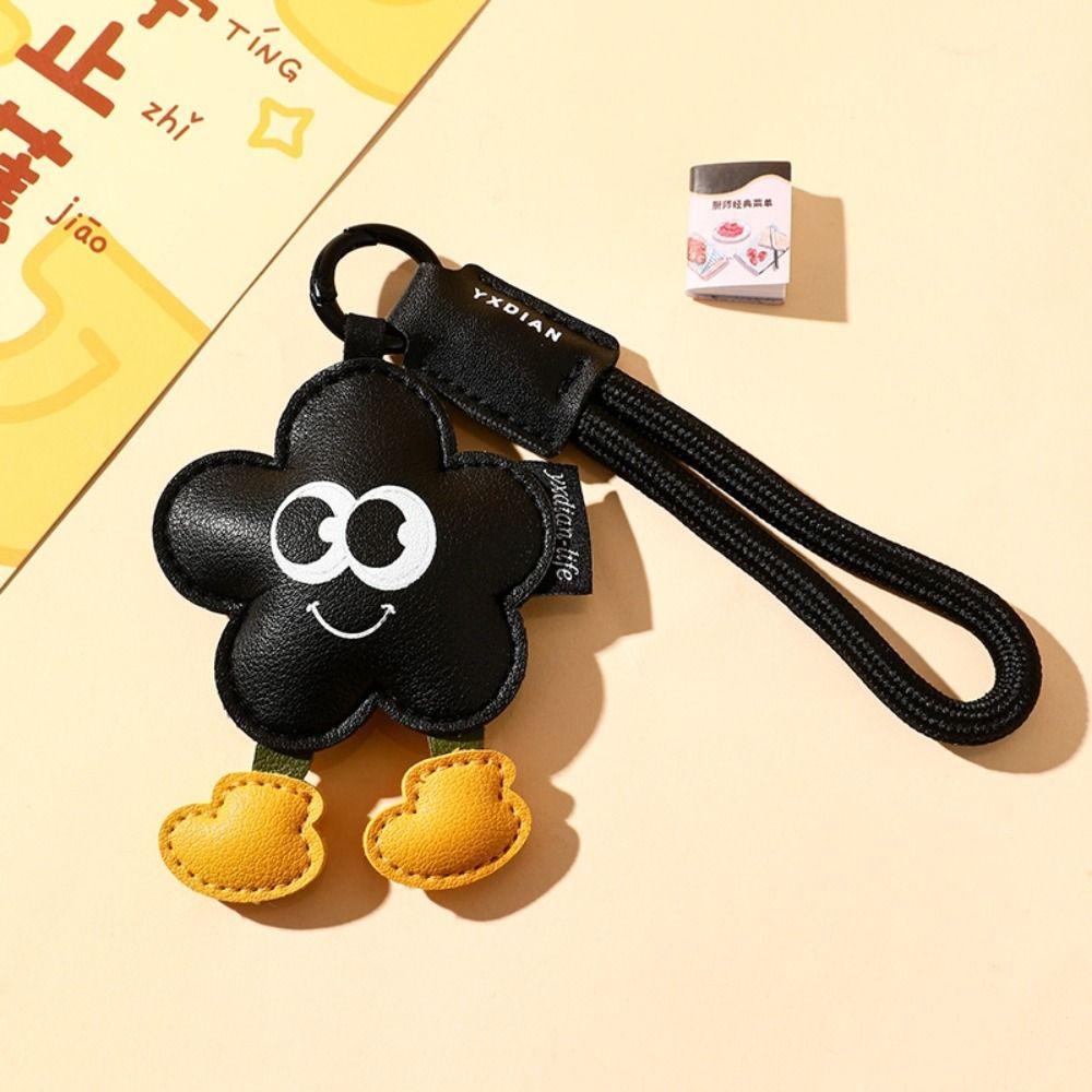 Big Eyes Leather Flower Pendant Funny Keyring with Lanyard Cartoon Keychain  Backpack Key Decor