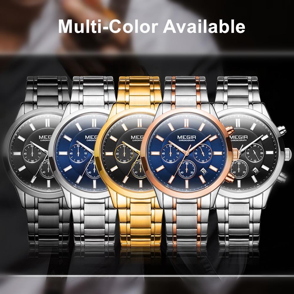 MEGIR Luxury Business Quartz Watch for Men Stainless Steel Strap Luminous Date Waterproof Male Casual Wristwatch Chronograph Clock 2150