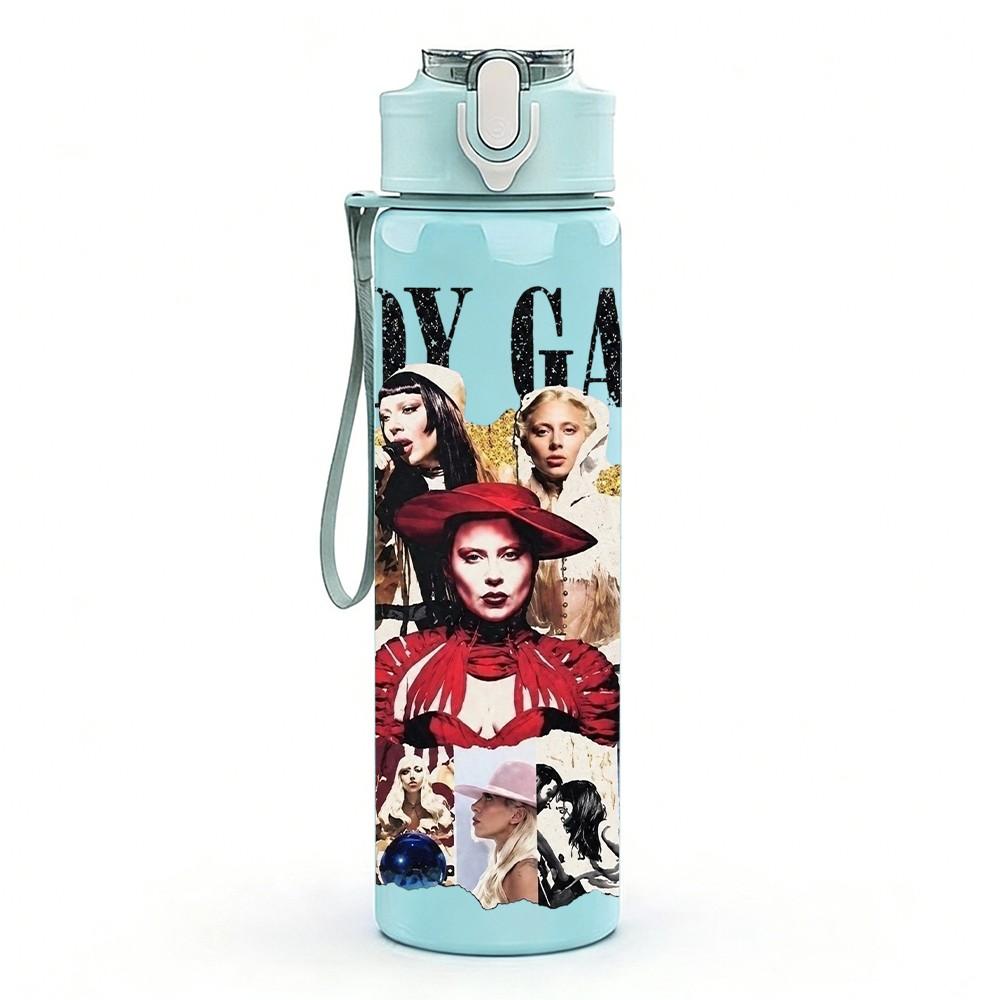 1PC Lady Gaga Pop Portrait 750ml Sports Water Bottle Leakproof Straw Lid Outdoor Office Home