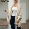 BITCED Fall/Winter Fringe Cape Shawl with Fur Collar Solid-Color Knit Sweater Jacket