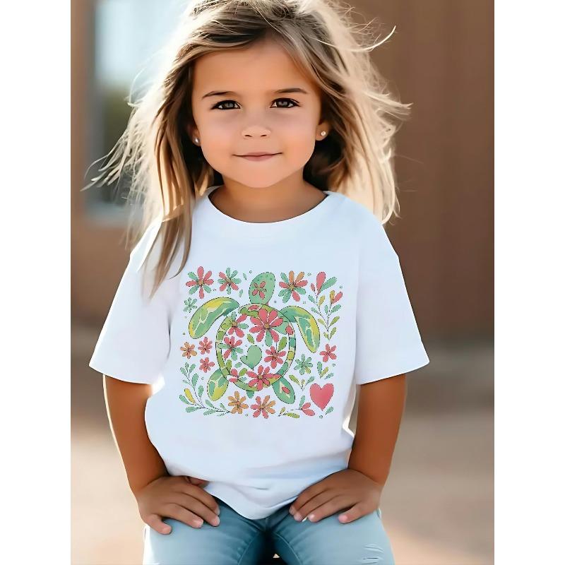 Girls Crewneck Short Sleeve T-Shirt, Fun Floral Turtle Print 110 белый