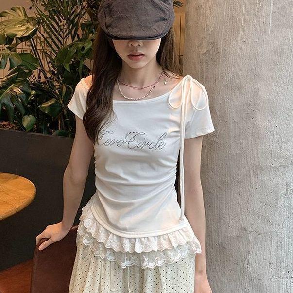 Lace-Trimmed Printed Letter Short Sleeve Slim Fit Summer Top