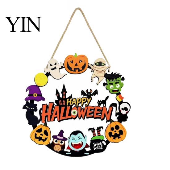 Fall Front Porch Signs Halloween Wooden Wreath Door Hanger Sign, Pumpkin Ghost Black Cat Witch Ornaments Bat Patterns, Hanging Plaque for Farmhouse