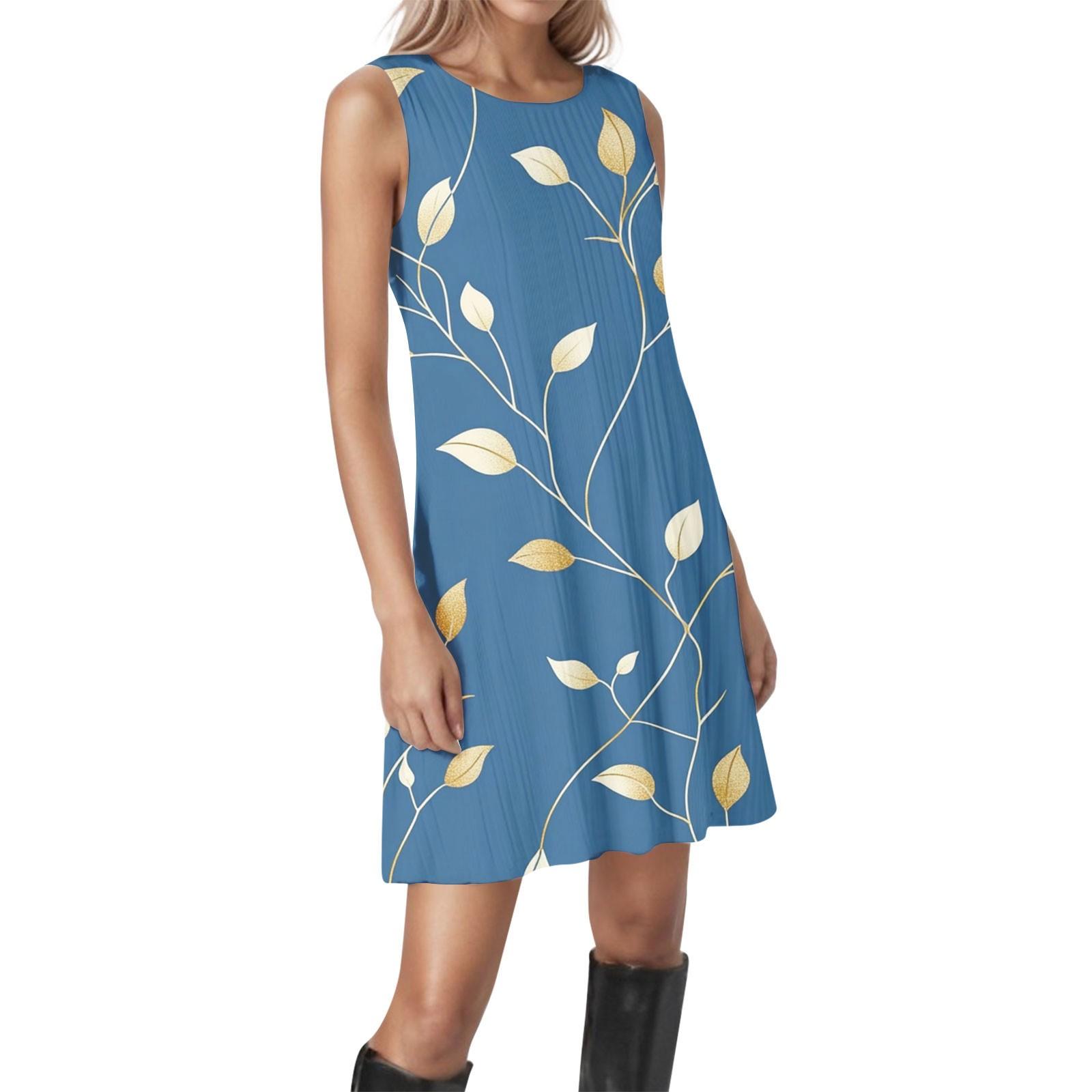 

Женские винтажные цветочные повседневные платья без рукавов с круглым вырезом и текстурой S синий